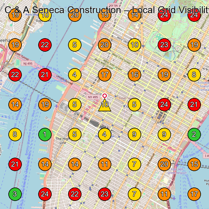 C & A Seneca Construction Construction Company GeoGrid ranking map for New York NY